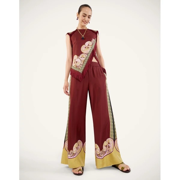 La DoubleJ Palazzo Pants in Kells Swirl Burgundy at Coveti
