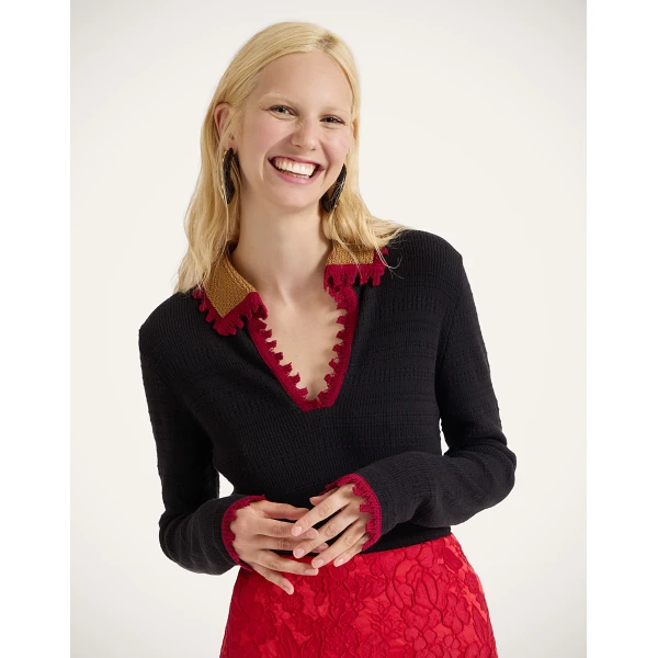 La DoubleJ Picket Polo Jumper in Black Knit, view 5