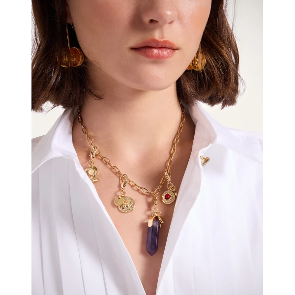 La DoubleJ Pillar Charm in 24K Gold Plate & Amethyst, view 5