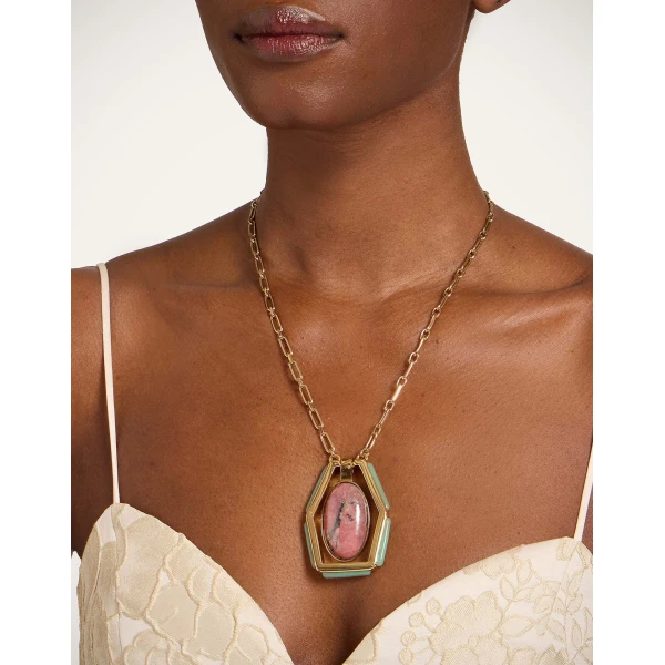 La DoubleJ Power Portal Necklace in 24K Gold Plate & Rhodonite at Coveti