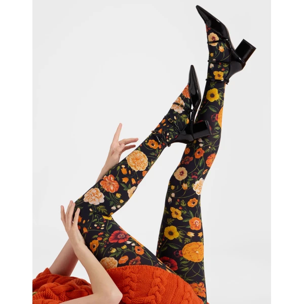 La DoubleJ Printed Tights in Botticelli Black, view 2