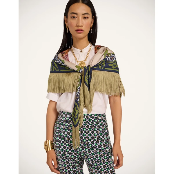 La DoubleJ Reversible Fringe Foulard 90 in Mariposa Celeste | Scarves | Coveti