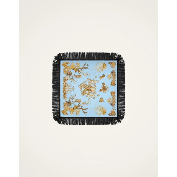 La DoubleJ Reversible Fringe Foulard 90 in Oceania Light Blue at Coveti