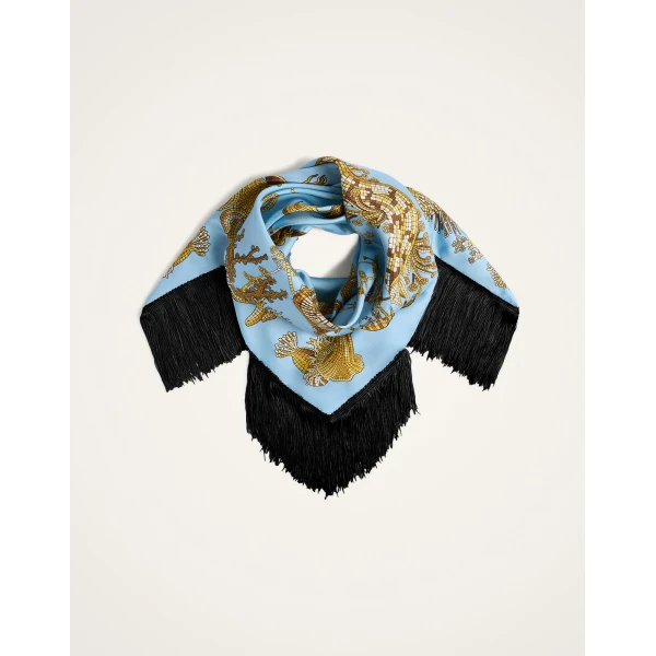 La DoubleJ Reversible Fringe Foulard 90 in Oceania Light Blue at Coveti