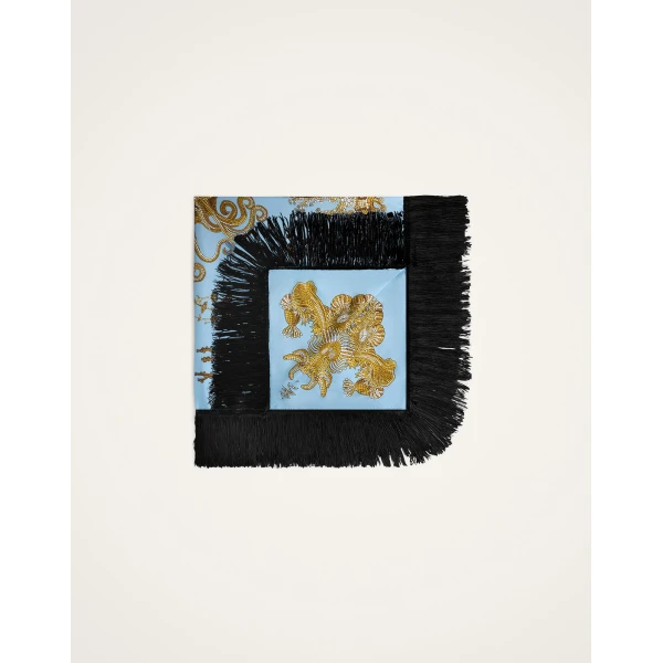 La DoubleJ Reversible Fringe Foulard 90 in Oceania Light Blue at Coveti