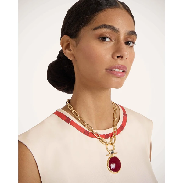 La DoubleJ Shen Loop Necklace in 24k Gold Plate & Red Enamel at Coveti
