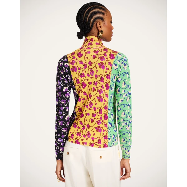 La DoubleJ Silky Turtleneck in Honeysuckle Tricolor Yellow Knit, view 3