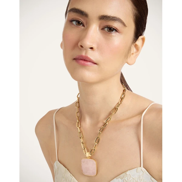 La DoubleJ Soul Pendant Necklace in 24k Gold Plate & Pink Quartz, view 2