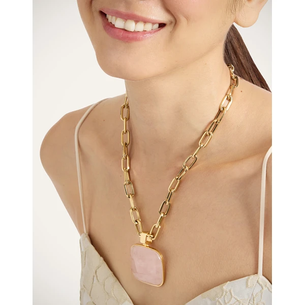 La DoubleJ Soul Pendant Necklace in 24k Gold Plate & Pink Quartz, view 3