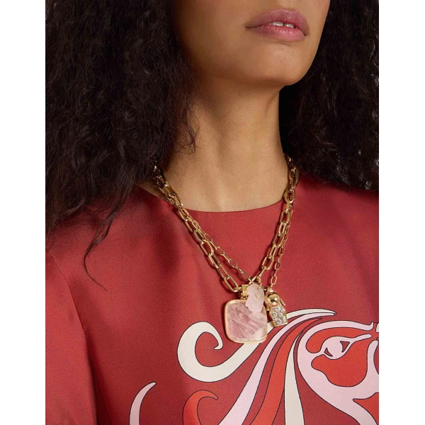 La DoubleJ Soul Pendant Necklace in 24k Gold Plate & Pink Quartz, view 6