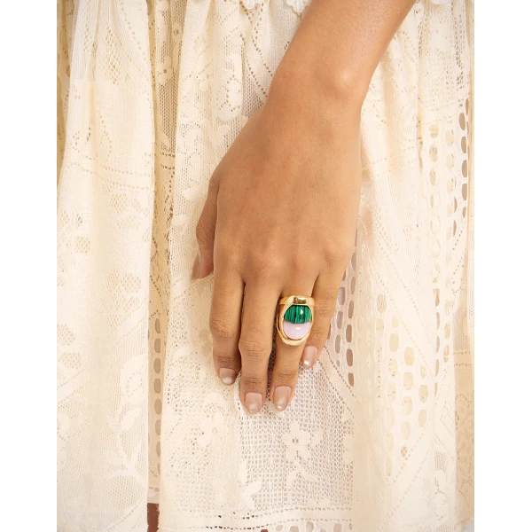 La DoubleJ Spells Ring in 24K Gold Plate, Malachite, And Pink Quartz, view 3