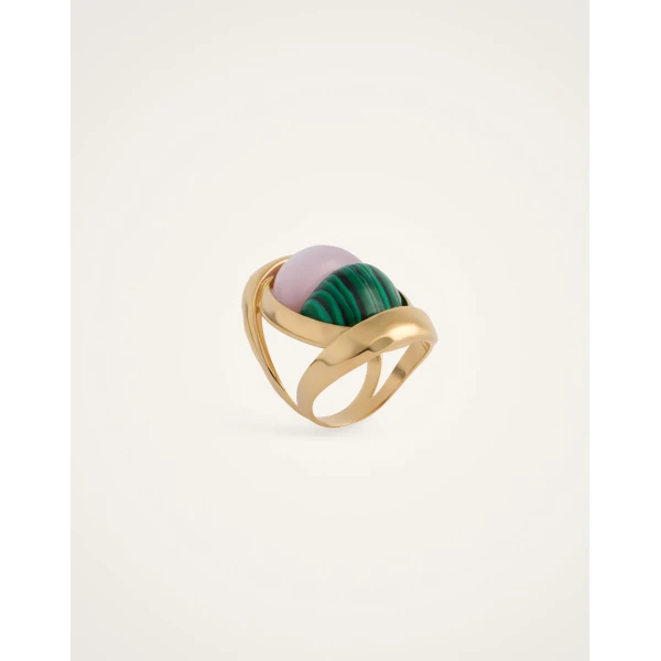 La DoubleJ Spells Ring in 24K Gold Plate, Malachite, And Pink Quartz, view 4