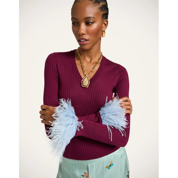 La DoubleJ V-Neck High Kick Top in Burgandy, view 2