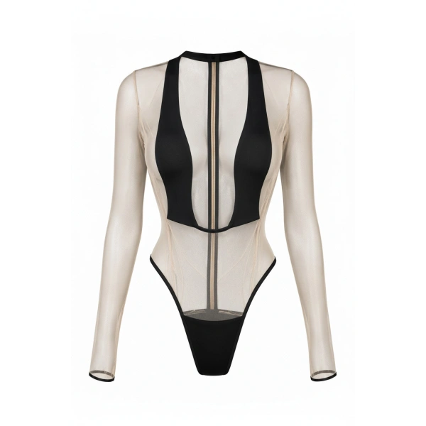 Bow Tie Detail Bodysuit in Nude and Black