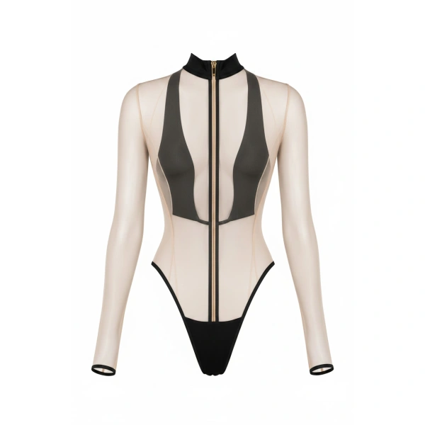 LaQuan Smith Bow Tie Detail Bodysuit in Nude and Black | Bodysuit | Coveti