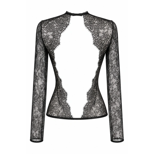 LaQuan Smith Deep V Neck Open Back Top in Black | Lace Tops | Coveti