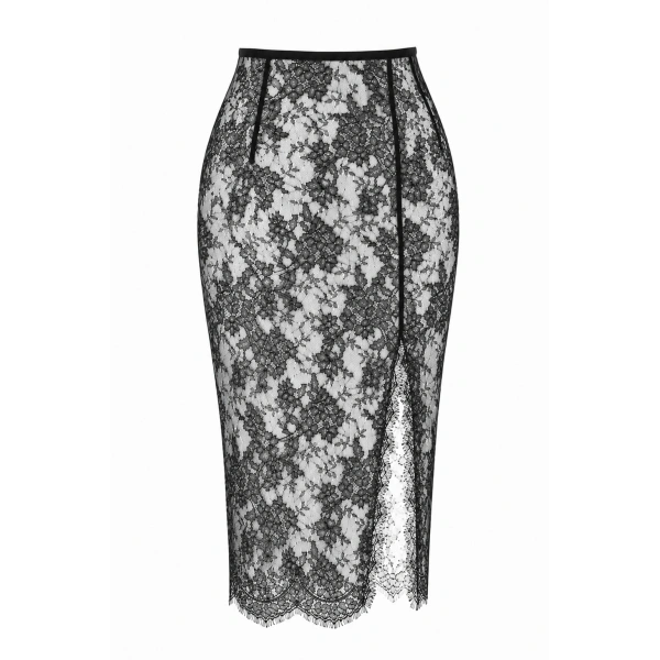 Lace Midi Skirt with Slit in Black