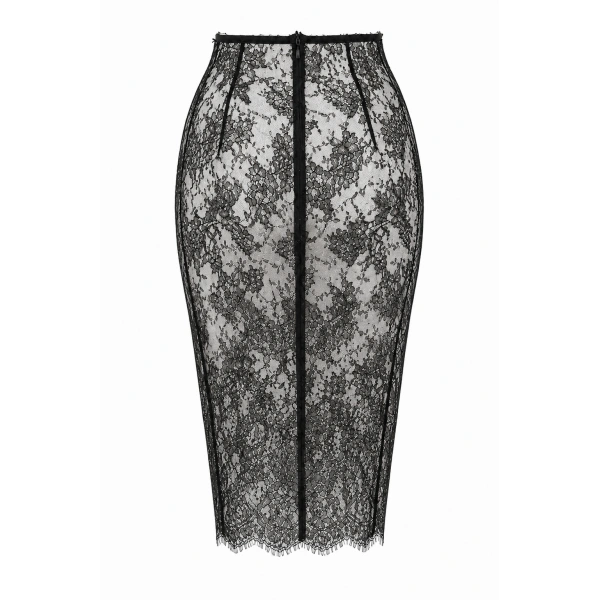 LaQuan Smith Lace Midi Skirt with Slit in Black | Midi Skirts | Coveti