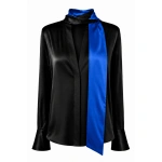 LaQuan Smith Long Sleeve Blouse with Keyhole Detail in Black and Royal Blue | Blouses | Coveti