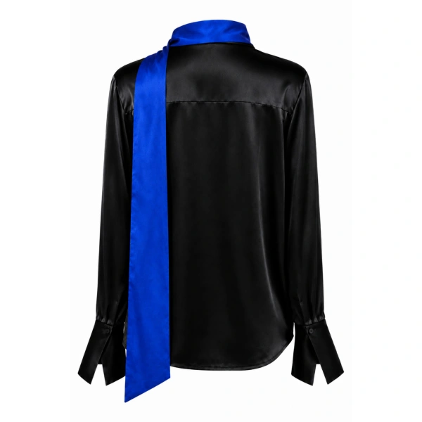 LaQuan Smith Long Sleeve Blouse with Keyhole Detail in Black and Royal Blue | Blouses | Coveti