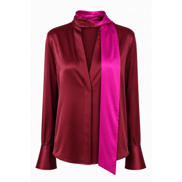 Long Sleeve Blouse with Keyhole Detail in Burgundy and Fuchsia