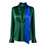LaQuan Smith Long Sleeve Blouse with Keyhole Detail in Emerald and Royal Blue | Blouses | Coveti
