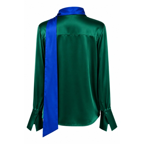 LaQuan Smith Long Sleeve Blouse with Keyhole Detail in Emerald and Royal Blue | Blouses | Coveti