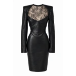 LaQuan Smith Seamed Midi Dress with Lace Inserts in Black | Midi Dresses | Coveti