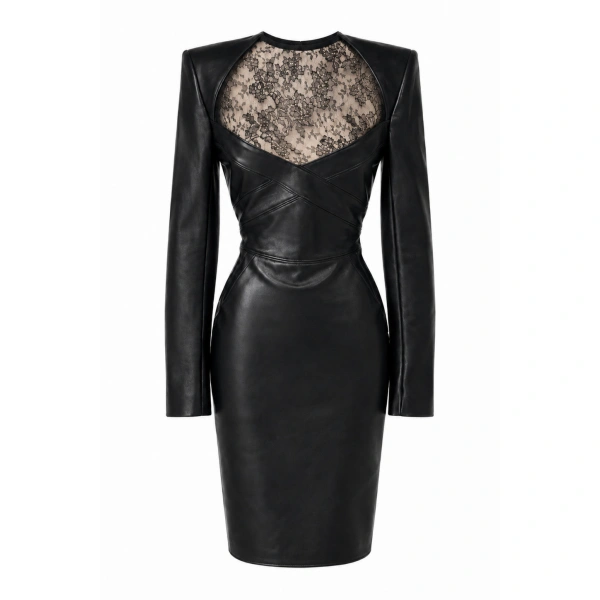 Seamed Midi Dress with Lace Inserts in Black
