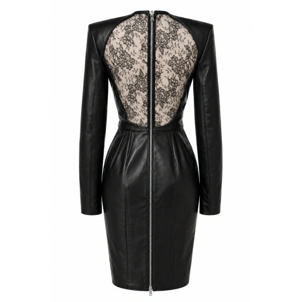 LaQuan Smith Seamed Midi Dress with Lace Inserts in Black | Midi Dresses | Coveti