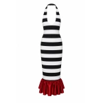 LaQuan Smith The Smith x Smith Dress in Black and White Stripe with Red | Midi Dresses | Coveti