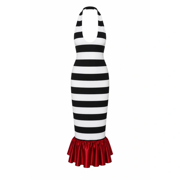 The Smith x Smith Dress in Black and White Stripe with Red