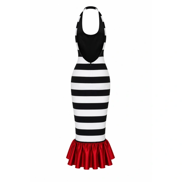 LaQuan Smith The Smith x Smith Dress in Black and White Stripe with Red | Midi Dresses | Coveti