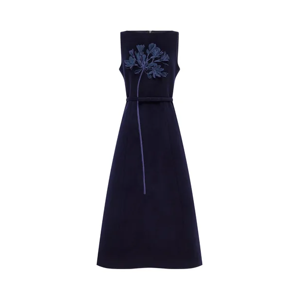 Cleo Appliqué Wool Sleeveless Midi Dress in Midnight