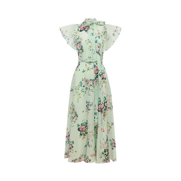 Elsie Flutter Sleeve Midi Dress in Posy Print in Mint