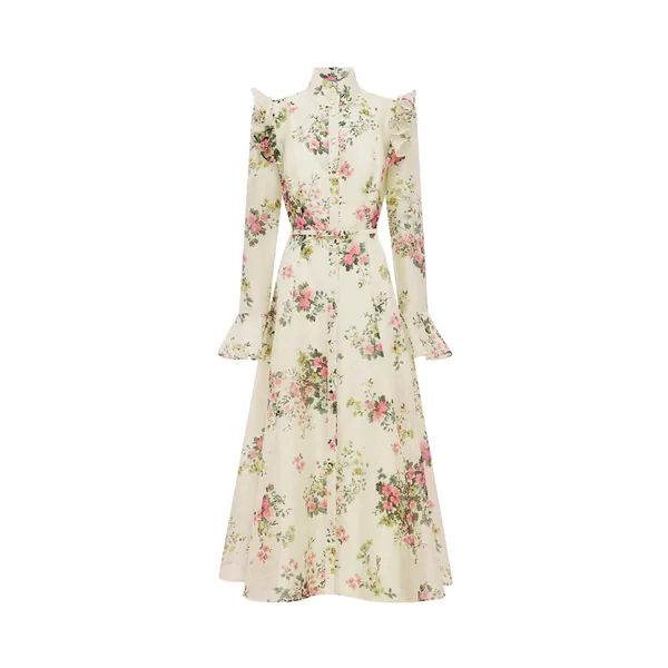 Katrina Butterfly Sleeve Midi Dress in Posy Print in Snow
