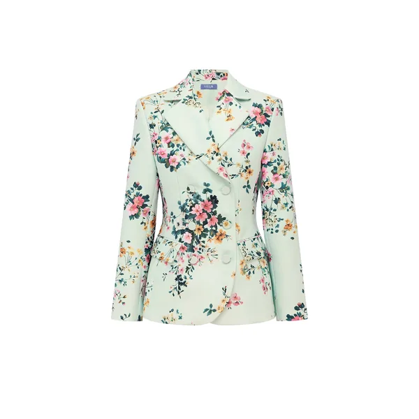 Margaux Double Breasted Fitted Blazer in Posy Print in Mint