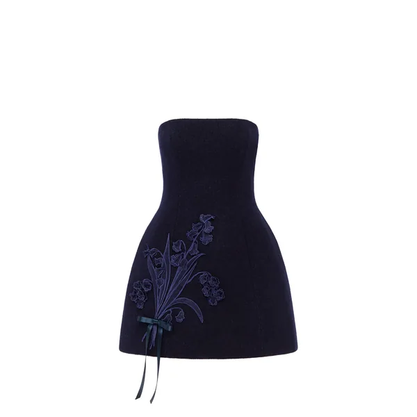 Roselle Appliqué Tweed Bustier Mini Dress in Midnight