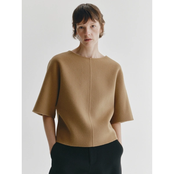 Lisa Yang Doublé Round Neck Top in Biscotti