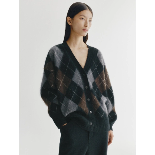 Lisa Yang Elaria Cardigan in Black Argyle Brushed