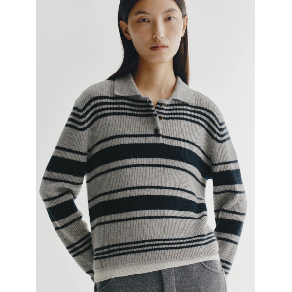 Lisa Yang Tinna Stripes Sweater in Sanderling and Deep Navy