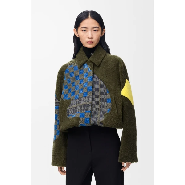 Bomber Jacket in Shearling, Khaki Green and Multicolour - Image 3