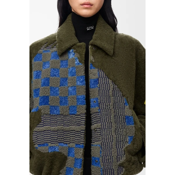 Bomber Jacket in Shearling, Khaki Green and Multicolour - Image 5