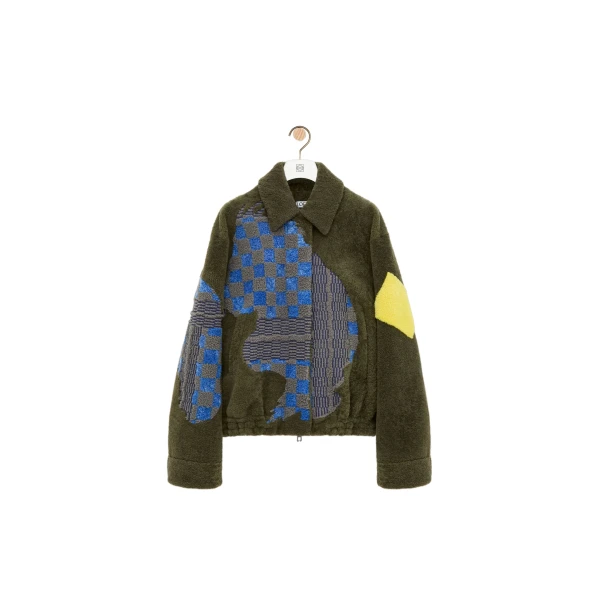 Bomber Jacket in Shearling, Khaki Green and Multicolour