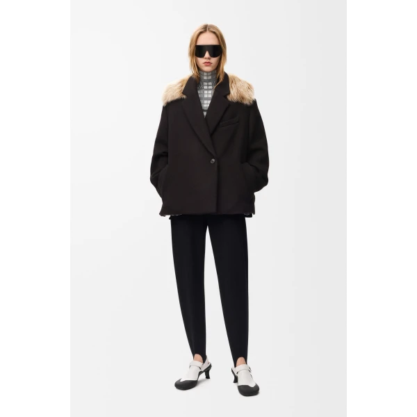 Double-Breasted Short Coat in Wool and Cashmere, Black - Image 2