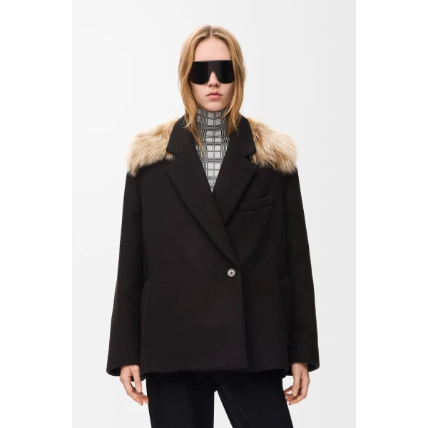 Double-Breasted Short Coat in Wool and Cashmere, Black - Image 3