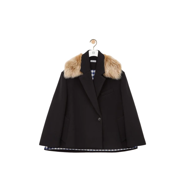 Double-Breasted Short Coat in Wool and Cashmere, Black