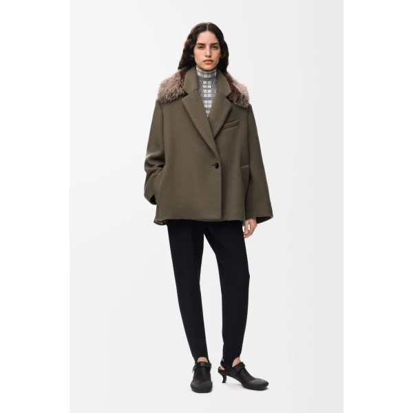 Double-Breasted Short Coat in Wool and Cashmere, Taupe Grey - Image 2