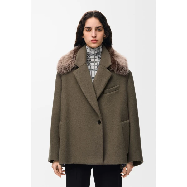 Double-Breasted Short Coat in Wool and Cashmere, Taupe Grey - Image 3