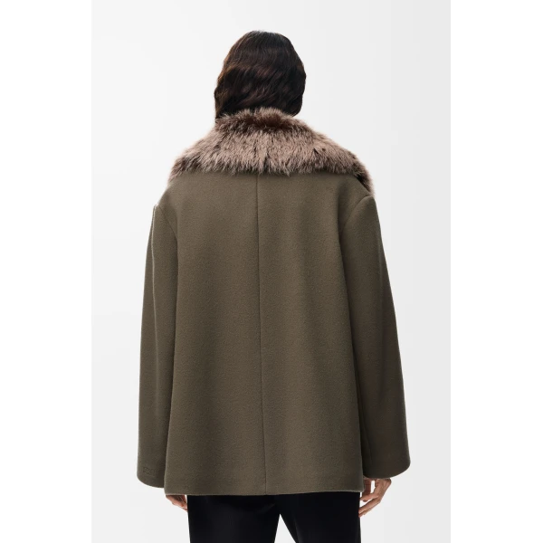 Double-Breasted Short Coat in Wool and Cashmere, Taupe Grey - Image 4